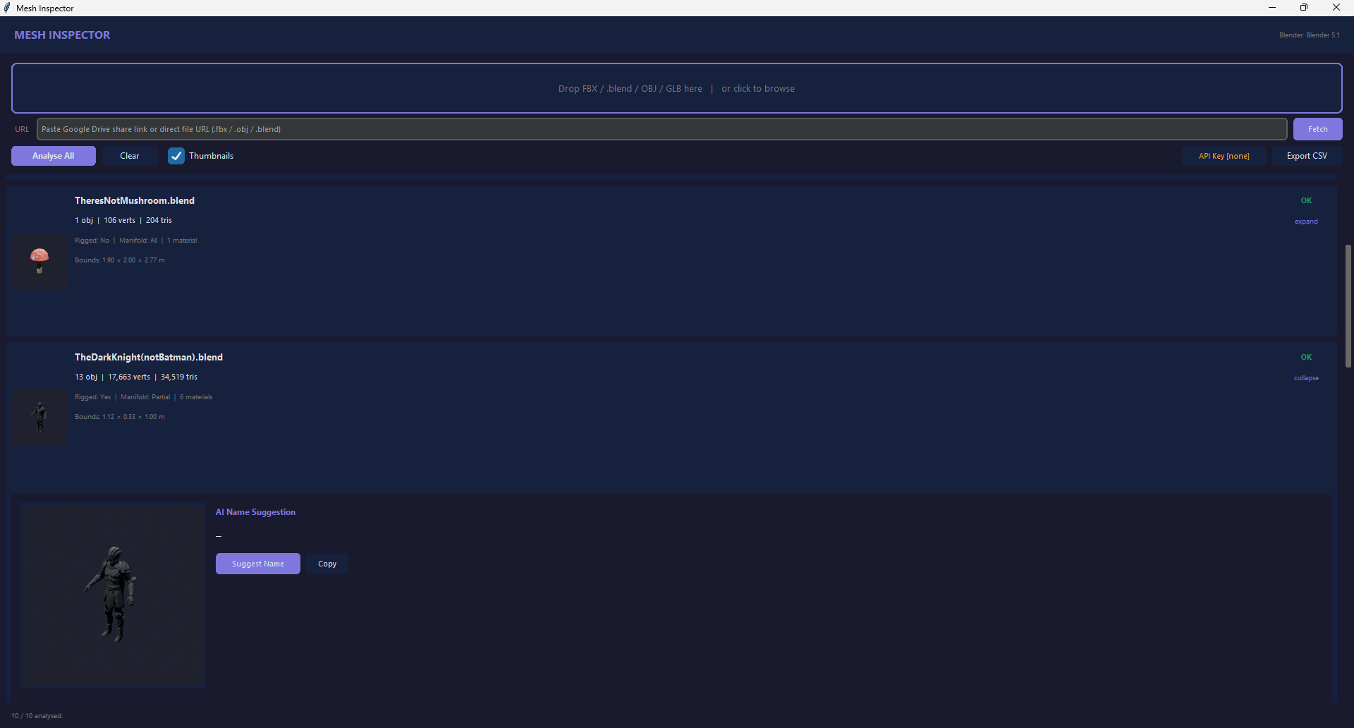 Mesh Inspector — Analyse a whole folder — a thumbnail + report per file