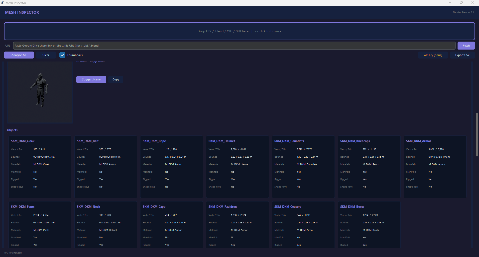 Mesh Inspector — Expand any file for a full per-object breakdown